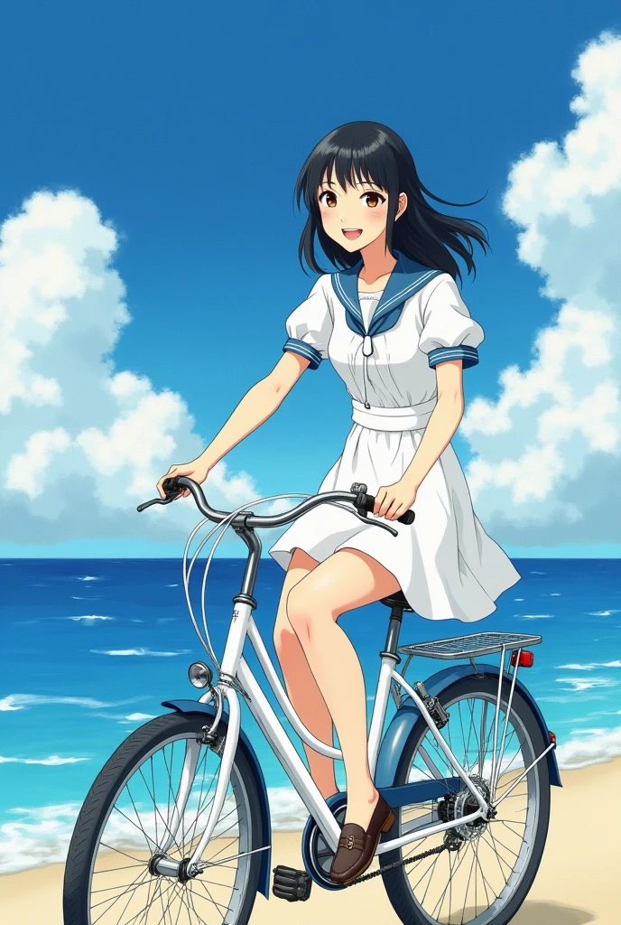 (Watercolor of singer Sargent)、(A Japanese girl riding a white bicycle)、A white sailor dress with short sleeves、Hair color is black、black eye、Medium Hair、short hair、Straight hair、smile、Slim but well-proportioned body,、Wear loafers、Beautiful blue sky and white clouds、Beautiful sea、 (Highest quality, masterpiece, High resolution)、8k、wallpaper、