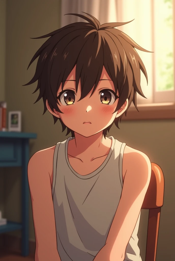 High resolution, masterpiece, The best quality at its best,最high quality,high quality, Height Details, One boy, Brown Hair, Messy Hair, Side bangs, Shota, Sweat, Upper Body, Depth of written boundary, animeScreencapStyle, Fine Lines, View from the front, Sitting in a chair, A cute boy, (Show your armpits:1.3), (Very small、he is short), (Very young), S, Blurred Background Tank top Middle School