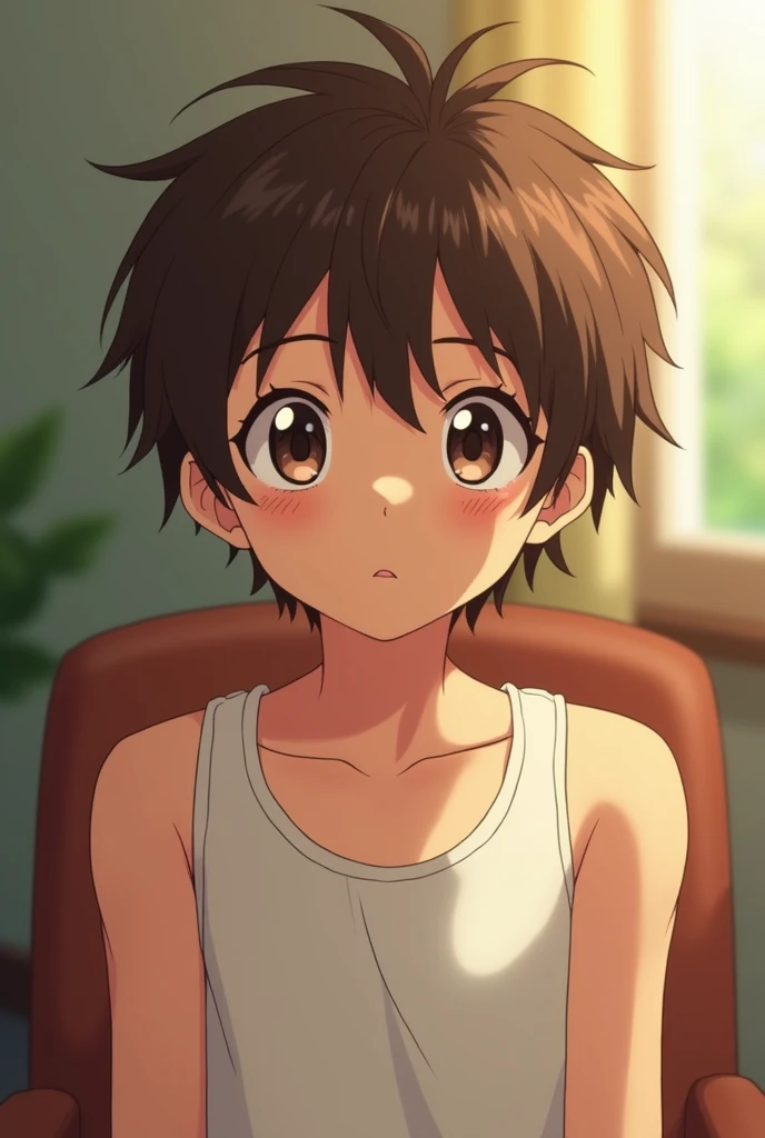 High resolution, masterpiece, The best quality at its best,最high quality,high quality, Height Details, One boy, Brown Hair, Messy Hair, Side bangs, Shota, Sweat, Upper Body, Depth of written boundary, animeScreencapStyle, Fine Lines, View from the front, Sitting in a chair, A cute boy, (Show your armpits:1.3), (Very small、he is short), (Very young), S, Blurred Background　Tank top　Middle School