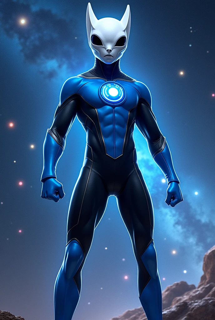 1man, alien, white skin, black eyes, long head fin, noseless, blue suit with black accents, blue boots, blue lantern logo, blue aura, space background, power pose