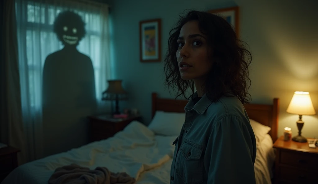 Character: Sunaina, mid-30s, standing in her bedroom, looking back at Abhi with a mix of fear and confusion. In the background, the shadow of the ghost looms over Abhi, smiling eerily.
Background: The bedroom is dimly lit, with the curtains drawn and only a small bedside lamp providing light. The room is cluttered, reflecting Sunaina’s chaotic mental state. The shadowy figure of the woman adds a chilling element to the scene.