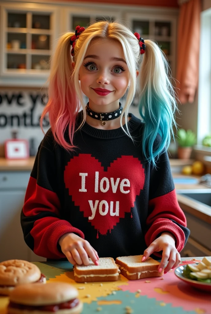 Harley Quinn in a sweater with the inscription “I love you and Minecraft” prepares sandwiches, smiles, blows a kiss and in the background the text “I love you endlessly”