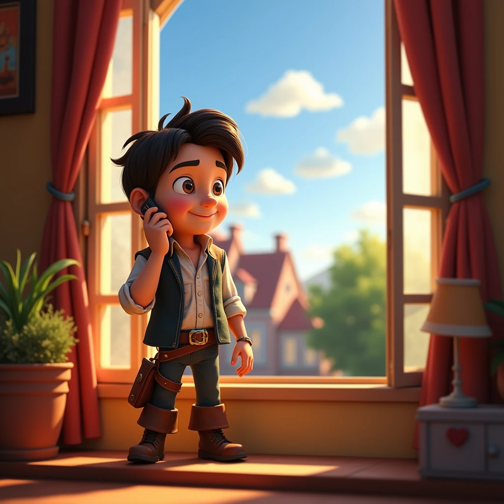 Create a cute, realstic 3d animated-style image featuring The window should show a view of the outside with soft sunlight streaming in. On the right side,  so far opposite home Flynn Rider also  speaking his mobile should be on a home balcony, looking up at fluffy clouds in the sky. The background should show a calm, serene scene with a few trees or rooftops visible. 