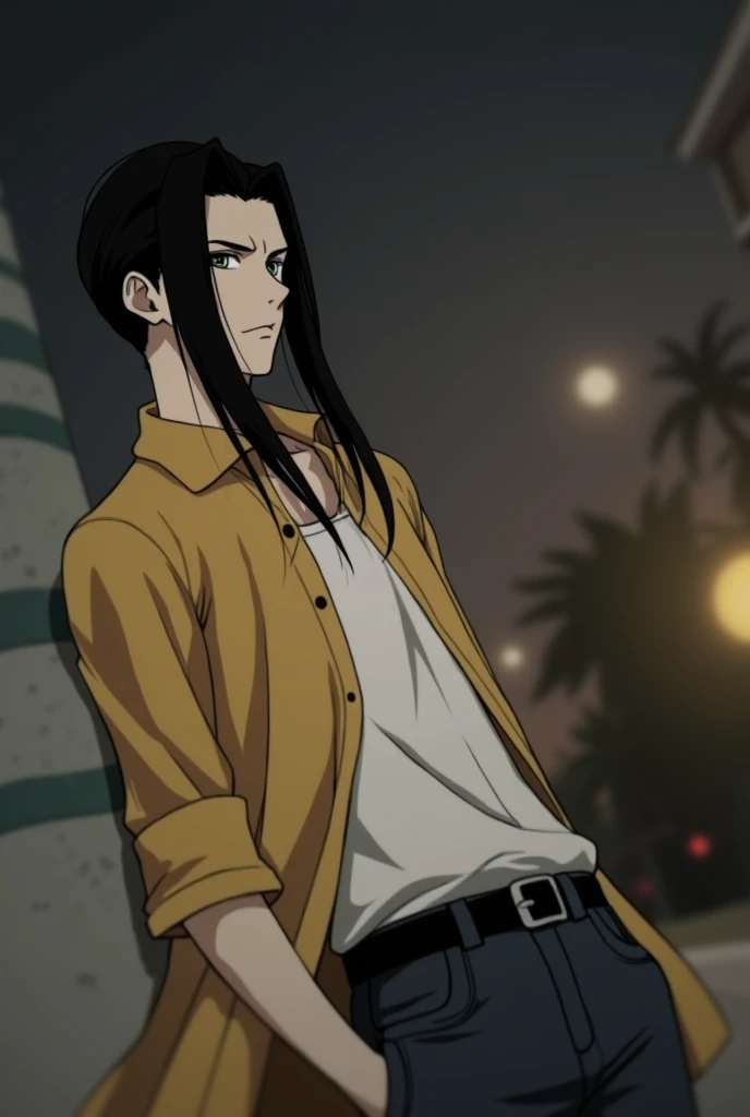A guy with long black hair, Beautiful face, grey eyes, Beautiful skinny body, pale skin, realistically, masterpiece, Best quality, detailing, anime art, фотоrealistically