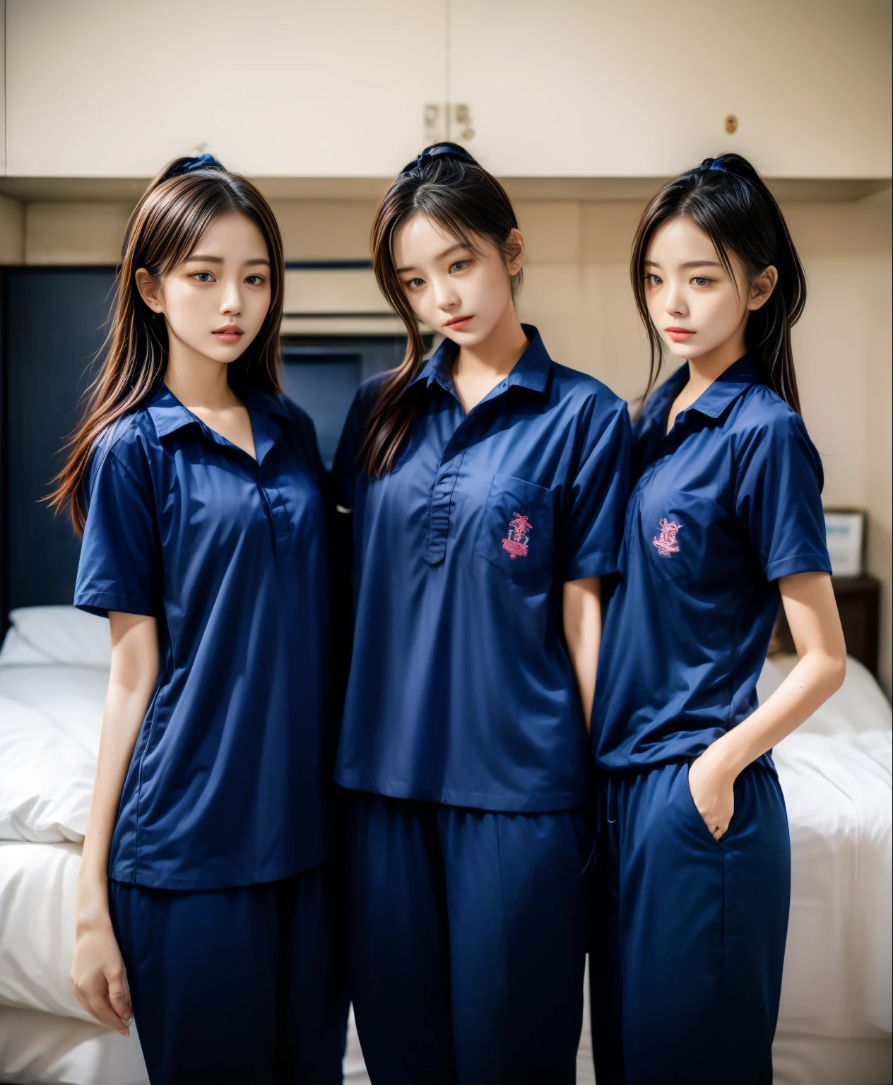 3 girls sleep on bed, Navy blue short-sleeved shirt,Navy Long Trackpant,Sweatpants, Sweatpantsขายาว,25 year old girl, lesbian, sexy, exercise clothes, wet body, exercise clothes