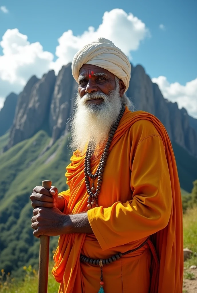 "An elderly Indian man with a long white beard, and a white turban wrapped around his head, he wears a traditional Indian tunic in orange and yellow, with an expression of determination and concentration on his face. He is standing in front of a giant, rocky mountain, with a cane or staff in hand, and a rosary of wooden beads hanging from his neck. The background is a clear blue sky with scattered white clouds, and the sun shining on the scene, illuminating the figure of the old man and the mountain. The mountain has an irregular shape, With peaks and valleys, and is covered in green vegetation. The old man is in a posture of strength and balance, as if he is about to strike the mountain with his staff