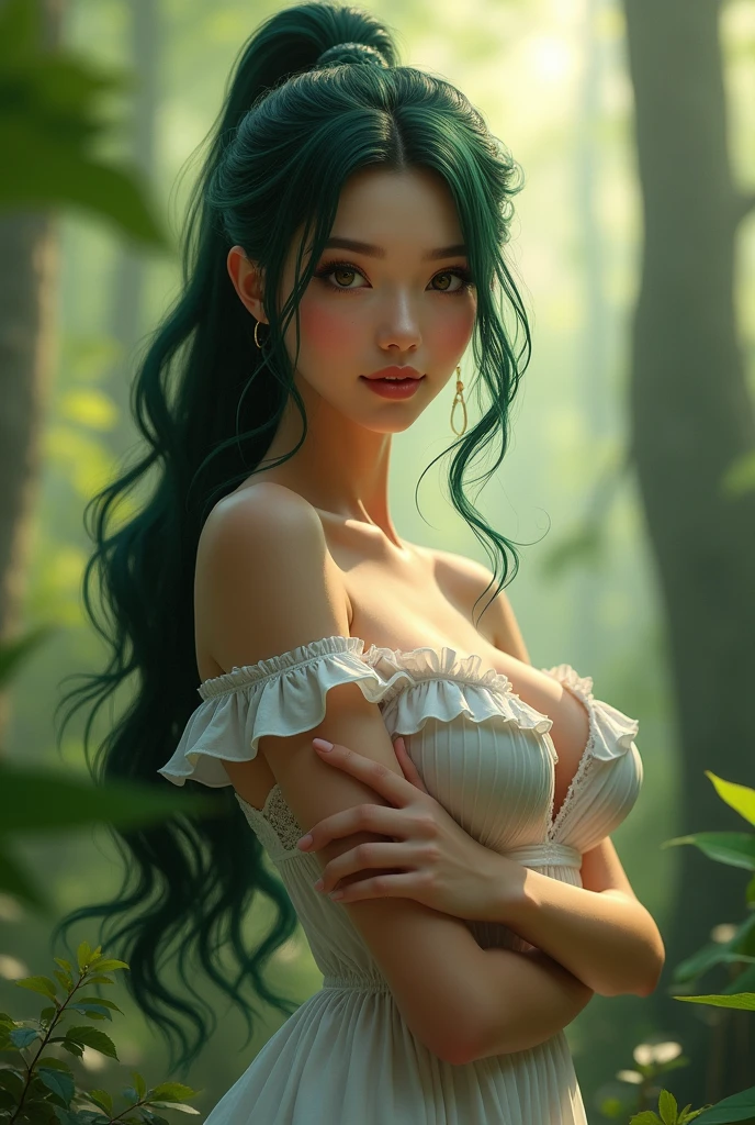 elegant and dreamlike pastel color palette、long flowing dark green hair pulled back in a high ponytail、Detailed skin with visible veins、??????????? dress、Beautiful and delicate facial features、meticulously drawn thighs、Very ample breasts、Six Pack、belly button、veins running throughout her body、Sensual smile、beautiful and detailed eyes and lips、Sensual pose、A detailed portrait of a beautiful young woman wood nymph in the forest、Sunlight filtering through the trees、green々and green leaves、Cinematic lighting、arms crossed in the center holding her large breasts、(Highest quality、4K、8k、High resolution、masterpiece: 1.2)、Super detailed、(Real、Photorealistic、Photorealistic: 1.37)