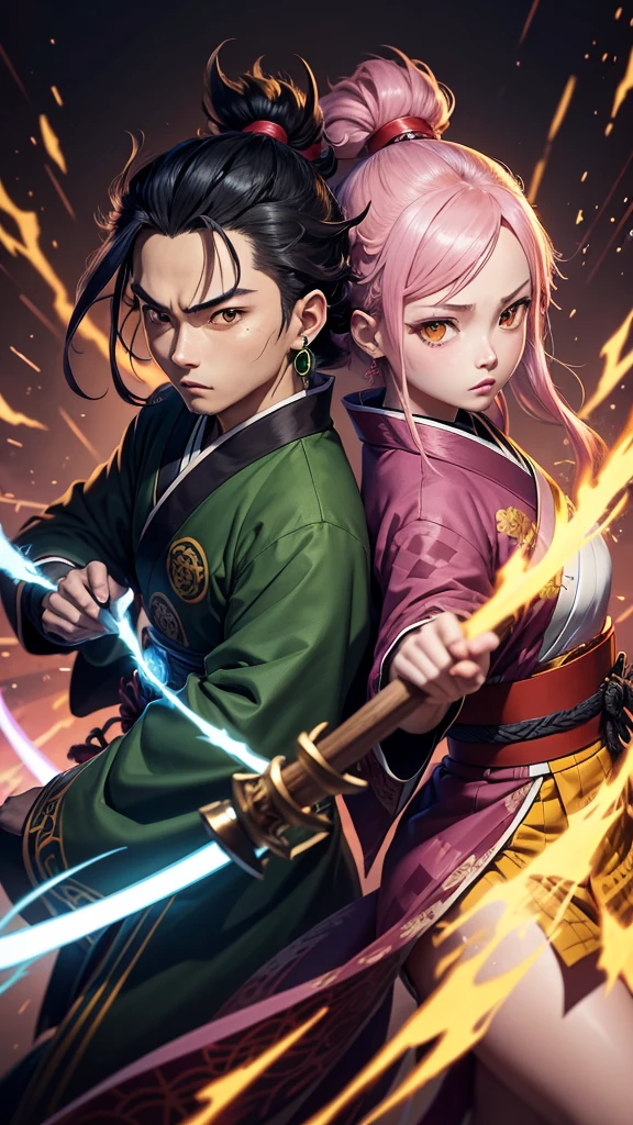“Create a high-quality anime-style illustration featuring characters from Demon Slayer: Kimetsu no Yaiba. Include Tanjiro Kamado with his iconic hanafuda earrings and black-and-green checkered haori, Nezuko Kamado in her pink kimono with a bamboo muzzle, Zenitsu Agatsuma with his yellow haori and lightning aura, and Inosuke Hashibira wearing his boar mask and dual swords. Place them in a dynamic battle scene against a powerful demon, with vibrant colors and detailed backgrounds.”