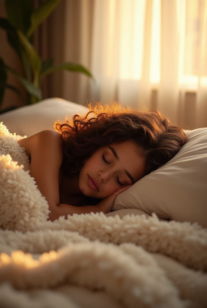 A brunette girl with curly hair and big breasts and big ass sleep 