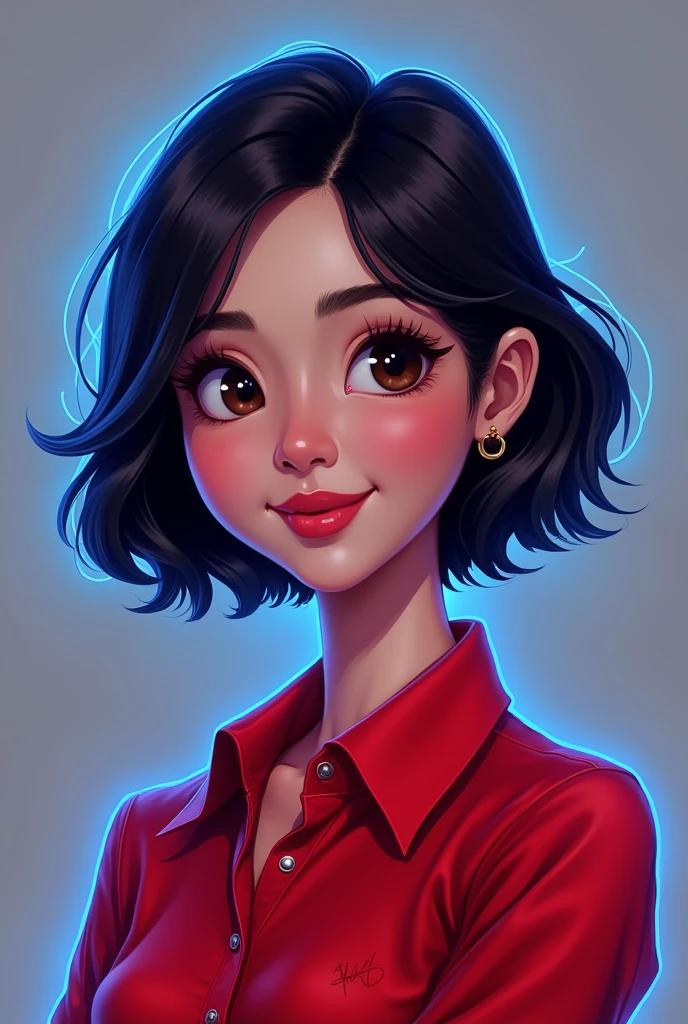 Painting style with glow art, with neon lighting effect, A woman, short shoulder length hair with slightly wavy hair and side parting like a TV presenter style, dark brown eyes,  painting style with normal eye proportions, cute and young face shape, dark brown eye color, 17 year old facial proportions, normal and not large nose proportions, brush strokes on the hair, wearing a formal women's shirt with a collar on the neck, red color shirt,  Facing forward like a profile photo,Semi-caricature result with big head and , plain grey background, blue glow art light, hair and shoulder glow art light effect 