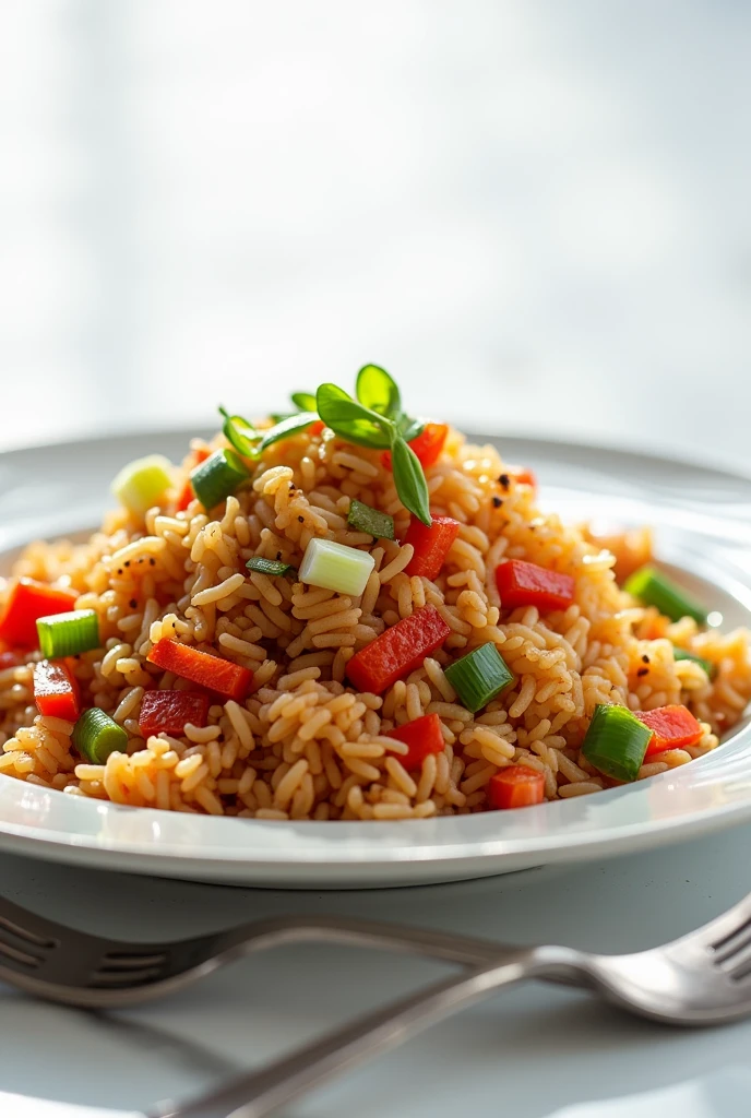 (photorealism:1.2), SCHEZWAN FRIED RICE IN CUTLERY WITH PLAN BACKGROUND MORE OPTION 
