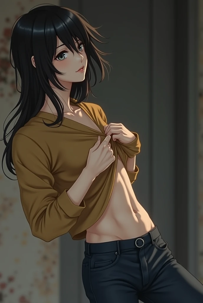 A guy with long black hair, Beautiful face, grey eyes, Beautiful skinny body, pale skin, lifts up his shirt and holds it in his teeth, realistically, masterpiece, Best quality, detailing, anime art, фотоrealistically