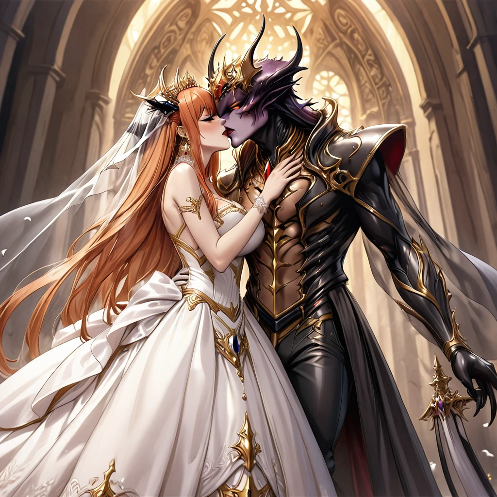 ((Highest quality)), ((masterpiece)), (detailed), （Perfect Face）、The woman is Maya Cordelia, the Demon Queen, with orange semi-long hair. She is wearing a luxurious black vintage wedding dress with gold embroidery and trim, along with a black wedding veil. She is also adorned with luxurious earrings and an engagement ring, completing her look with opulent accessories.、The woman is passionately embracing Beelzebub, the demonic lord of flies, with a deep and passionate oath-filled kiss, loving him and celebrating their demonic wedding.、The woman became the wife of Beelzebub, the Lord of Flies, and as the Fly Queen, became the companion of the Lord of Flies, spending her life with him.、The woman deeply loves her husband, Beelzebub, the great Lord of Flies, the Devil of Flies.、The man is Beelzebub, the dignified, strong Lord of Flies, the Demon King of the Demon Race, a Great Demon of monstrous form.