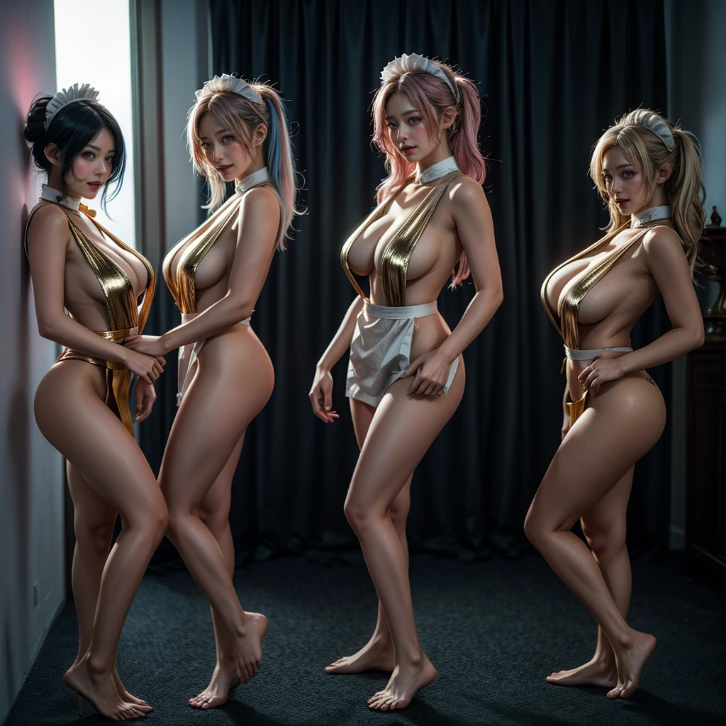 (Full Body of Extremely Detailed((Sexy Maid Group in a row:1.37))), KAWAII perfect face, Reflective Eyes, Detailed(Delicate Clothing textures), Correct Leg Line, Dynamic Joyful Expressions LifeLike Rendering, Specular Reflection, TopQuality 8K Ultra-detailed masterpiece (ProfessionalPhoto:1.37), (Acutance:0.8), (Luminism:1.28), Renaissance art style, Colorful Light particles, ((Full body from side)), {MicroMini Skirt|Kissing|Thigh Gap|AssFocus|(NakedApron with (Overflowing Sideboob))|[Gold NippleSticker]}, Radiant Fine Skin with Transparency, (Exposed:0.41), (Different types of Anime hair color){Pink Hair|LightBlue Hair|Platinum Blonde|Pure White Hair|Liquid Hair}, Perfect Lighting 