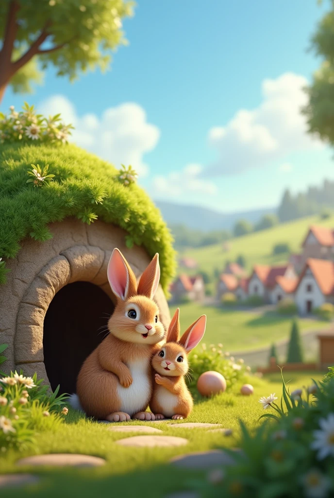 In 3d animation style,"The rabbit family is together outside their burrow, with the young rabbit playing safely near its mother. The atmosphere is peaceful and joyful, with the village and fields in the background"