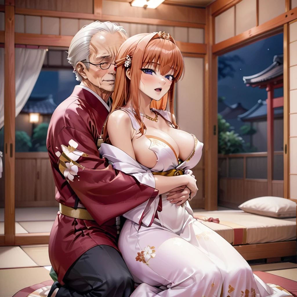 ((Highest quality)), ((masterpiece)), (detailed), （Perfect Face）、The woman is Maya Cordelia, with orange semi-long hair, wearing a luxurious Japanese kimono wedding dress, and her hair is tied in a Japanese style.、The woman is spending her wedding night with an elderly man on the futon in the Japanese-style room at night.、The woman is embracing the elderly man, having insemination sex, and they are passionately seeking each other's bodies and making love.