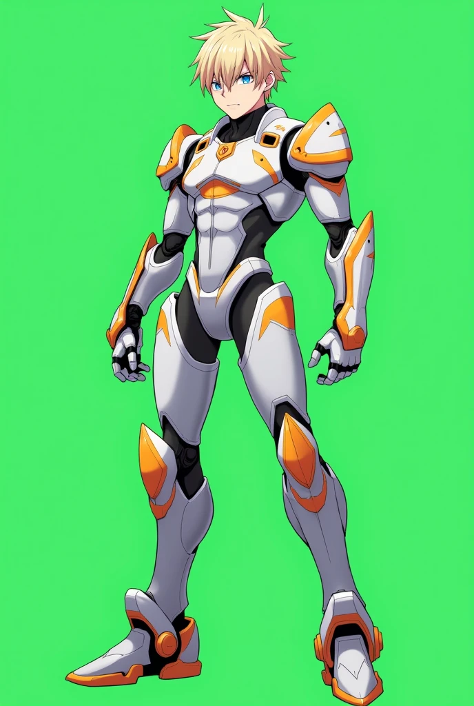 robot, male humanoid, dominan white, blue eye, short hair, orange accent in body, looking at camera, green screen background, anime style face, pose like a model, full body, greference genos in one Punch man