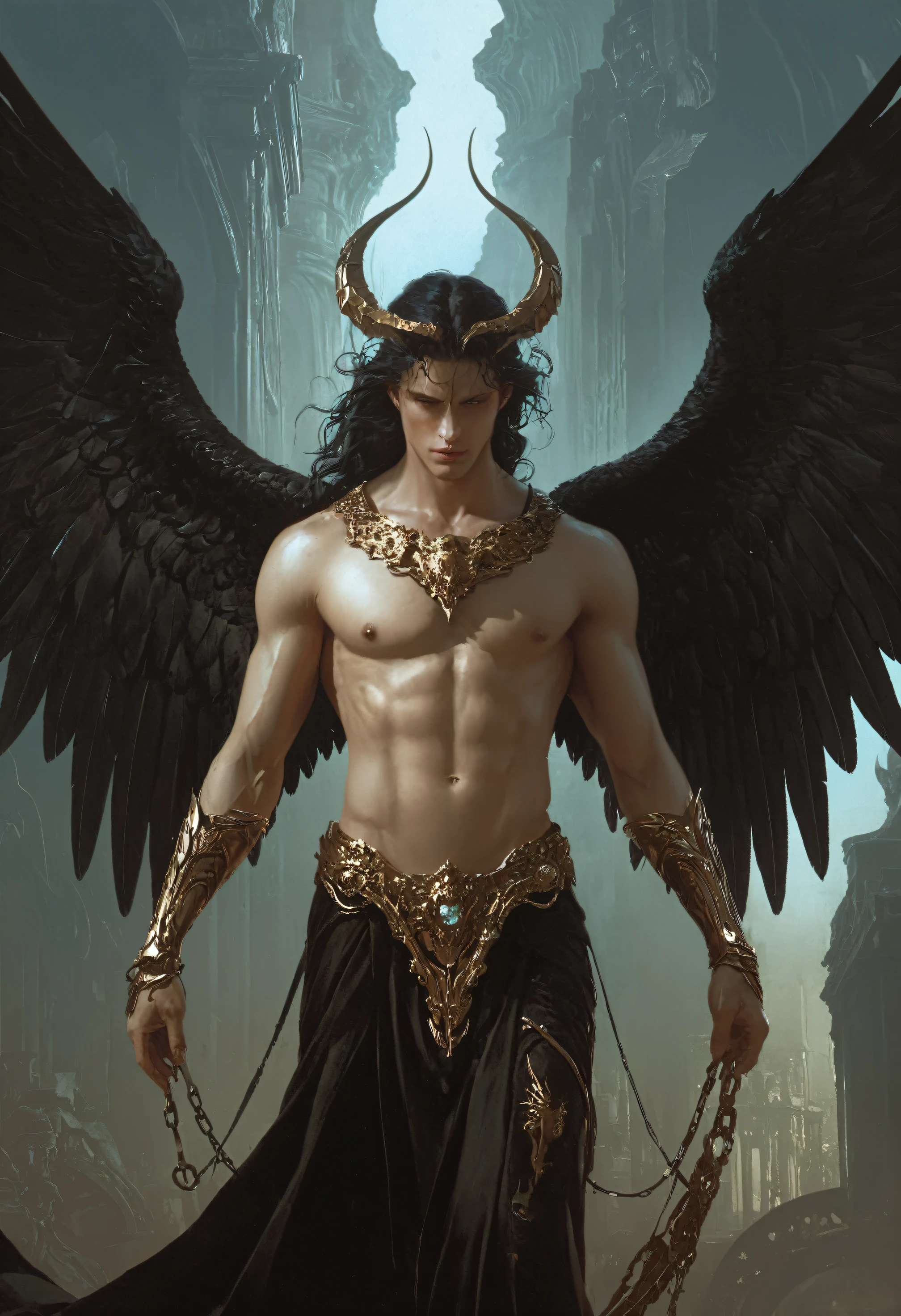 (Nephilim fallen angels) perfect anatomy in the style of Elson Peter, Diego Dyer, Peter Mohrbacher, Karol Bak.