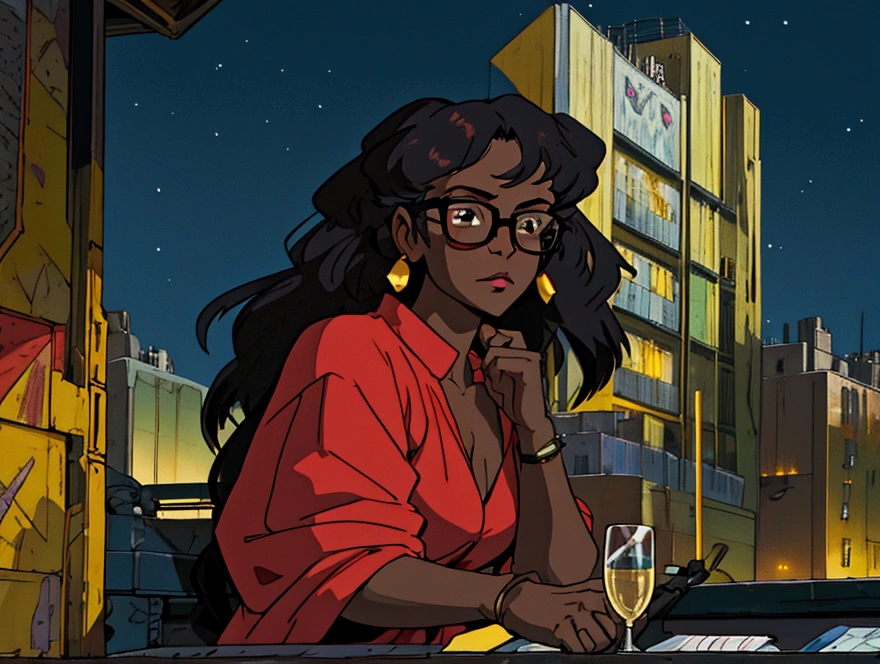 cowboy bebop, black female character, dark skinned, black girl, 30, long hair, brown eyes, dark lighting, night, wearing streetwear, red glasses, In a bustling metropolis, she is a skilled and enigmatic spy, she is looking at a priceless jewel in a modern gala, old money, holding a glass of champagne, large detailed art gallery scene