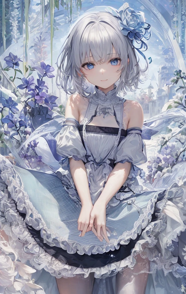 Ultra HD,Look at the viewers, Place your hands behind your back, and, 20-year-old, 非常にshort hair, Long bangs between the eyes, Pale blue eyes, Very detailed,(masterpiece、Highest quality),Gray Hair、Laughter、wonderful, Silver Hair, iris, short hair、 Fluttering Hair、Small face、明るいsmile、(Detailed face) ,Professional Lighting,wonderful風景,blue sky, sunlight,Looking down from above,Portraiture、Open your mouth、Flower Field、Her eyes were shining、Mysterious and enchanting atmosphere。With AI Painting、andてもshort hair, Long bangs between the eyes, Very detailed,(masterpiece、Highest quality)、alone、Gray Hair、Fantasy, Silver Hair, Fantasyな風景、smile、Open your mouth、short hair、short hair、hairpin、black eye、Grey Eyes、Beautiful Eyes、Black Shirt、White hoodie