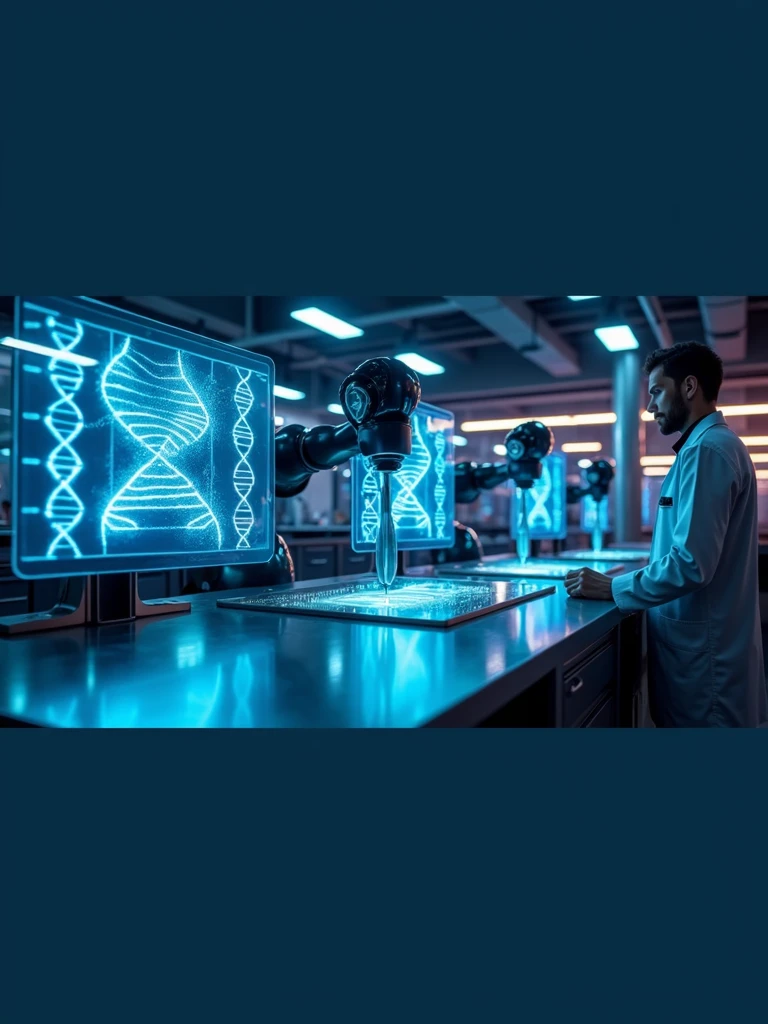 : A futuristic laboratory filled with cutting-edge scientific equipment, glowing holographic screens, and robotic arms working on DNA samples, all captured with sharp details. 8k