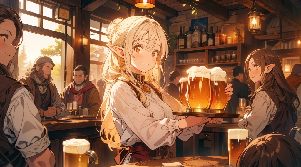 An illustrated scene set in a lively fantasy tavern at twilight. The focus is on a cheerful elf waitress, a young woman with long flowing hair and pointed ears, wearing a traditional tavern outfit. She is smiling warmly as she carries a large tray of mugs filled with beer, distributing them to a diverse group of patrons gathered around a round wooden table. The background shows a bustling tavern filled with various races, including humans, dwarves, and elves, all engaged in lively conversation. The setting is cozy, with a warm glow from lanterns and a large hearth, casting a soft, inviting light. The overall mood is vibrant yet warm, with a mix of soft browns, golds, and oranges to reflect the twilight hour.