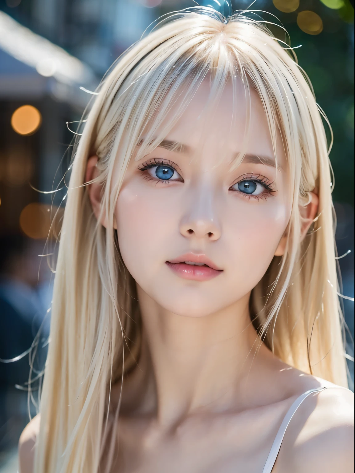 Transparent white glossy skin、Face gloss、Platinum blonde in a strong wind in front of a pretty face、20-year-old incredibly cute sexy beautiful Norwegian、Small Face Beauty、Shiny pale light blue eyes and details (Looking into the camera), SLR lighting, Single-lens reflex camera, super high quality, Sharpness, Depth of written boundary, Film Grain (center), Fujifilm XT3, Crystal Clear, Frame center, 完璧にBeautiful Face、Beautiful Face、Beautiful hair with sparkling bright straight platinum blonde hair、Silk bangs between the eyes、Bangs hide the eyes, Sparkling pale blue eyes, Sexy super long platinum blonde cute young woman with super long platinum blonde shiny light hair