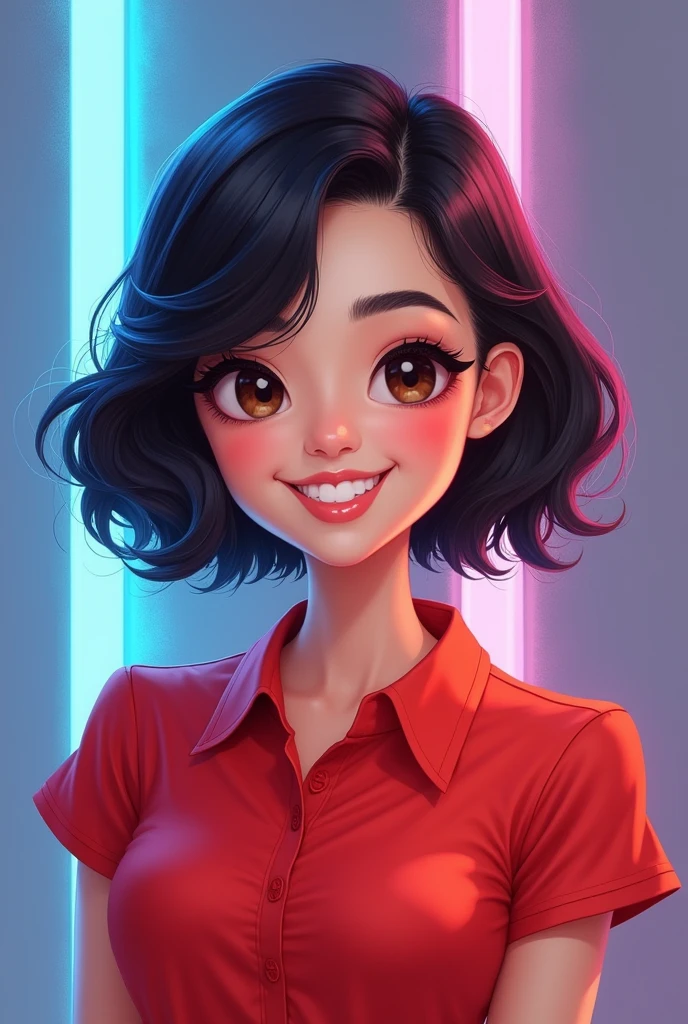 Painting style with glow art, with neon lighting effect, A woman, short shoulder length hair with slightly wavy hair and side parting like a TV presenter style, dark brown eyes, painting style with normal eye proportions, cute and young face shape, dark brown eye color, 17 year old facial proportions, normal and not large nose proportions, brush strokes on the hair, smiling, confident smile, wearing a formal women's shirt with a collar on the neck, red color shirt, Facing forward like a profile photo,Semi-caricature result with big head and , plain grey background, blue glow art light, hair and shoulder glow art light effect