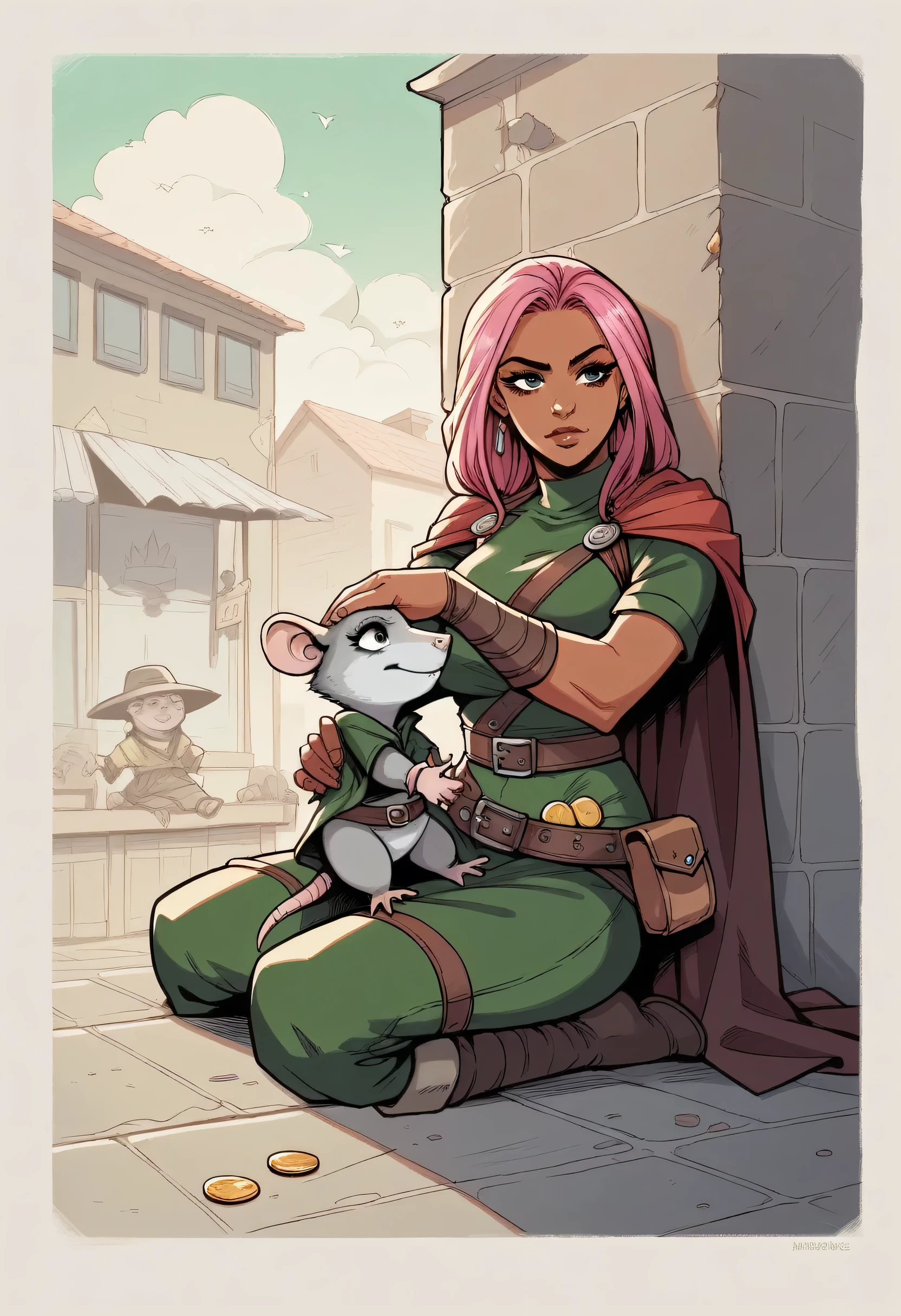 best quality, masterpiece, extremely detailed, dnd, gnome, thief, 30 years old filipino female, ((a grey rat)), it sits on her shoulder, long pink hair, beautiful tanned skin, rogue outfit, two small daggers, on her side, holding a pouch of coins, in alleyway, mischievous expression, perfect face, perfect hands, perfect fingers