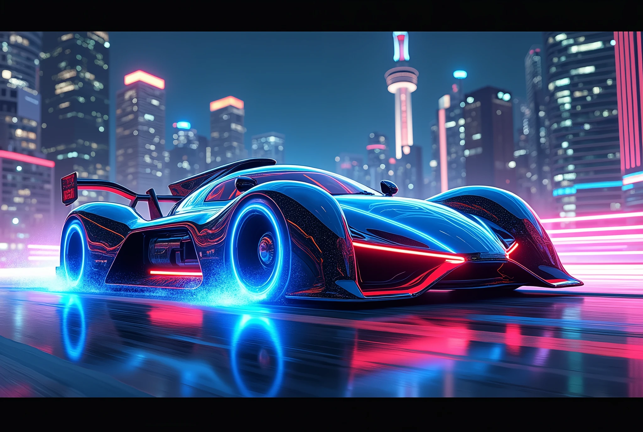 (((best quality))),(((ultra detailed))),(((masterpiece))),illustration, speed lines effect, An extraordinary and highly detailed artwork capturing a futuristic cyber-era race car. The car features a sleek and futuristic design with a metallic finish, showcasing intricate lines and adorned with vibrant neon lights. The tires emit a mesmerizing blue electric glow, adding to the dynamic energy of the scene. The race car appears to be speeding through a cityscape at night, with buildings and skyscrapers illuminated by dazzling lights. This high-definition masterpiece is reminiscent of the finest artworks by visionary artists like Syd Mead, Daniel Simon, and Scott Robertson.
strafed image of a car driving on a highway with a blurred background, background art, 4K HD illustrative wallpaper, futuristic super car render, neon-noir background, PC screenshot, 4K wallpaper, 4k wallpaper, digitally painted, octane rendered, 3840 x 2160, 3840x2160