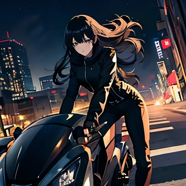 Anime Style,One person, Height: 155cm,Slender body,Small breasts,Riding jacket,Riding pants,Long Hair, Black Hair, High resolution, Anatomically correct, Winner of numerous awards, Textured skin, Slanted Eyes, Perspective, far and near method, A girl straddling a motorcycle