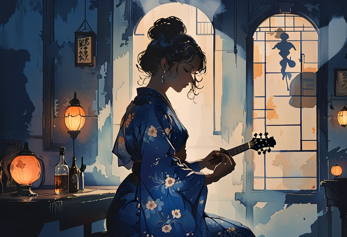 America　blues delta blues Silhouette of a woman in a beautiful japanese kimono playing acoustic guitar in a Vintage jazz bar in New Orleans　Mysterious atmosphere　Blue gaslights, typical of New Orleans, are mounted on the wall..　Vintage　, Dimly lit jazz bar　Shadow play　Whiskey bottles