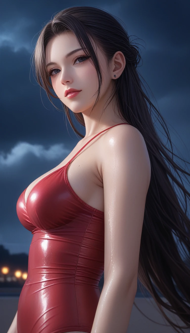 score_9, score_8_superior, score_7_superior, High-resolution CG illustration,A masterpiece in 32K resolution,Highest quality,it is really amazing,Very detailed,Ultra-high resolution,Ultra-realistic,Realistic,Increased depth of field,Cinematic lighting,
Sexy mature Japan woman,
Glossy black hair,Straight Long Hair,Showing his forehead,god々Beautiful,Ultra-detailed and beautiful face,Sensual look,Beautiful dark brown, moist eyes,Pitch black eyes,Glowing, moisturized skin,Translucent white skin,born々New skin texture,Wet body,Great proportions,
Elegant red swimsuit,
Simple design,Chic color scheme based on red,詳細なborn地の質感,
A dark and blurry night background,Dark overcast sky on a dull night,Dark clouds filling the sky,Thundercloud,Coastline at night,Stormy seas,delay々A desolate sandy beach that continues,
The Dimples of Venus,Beautiful back view,Low - Angle,