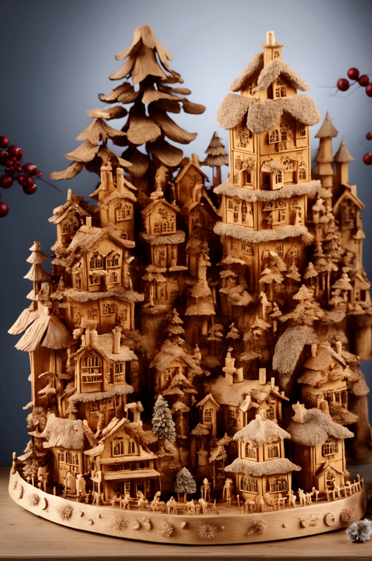 there are a lot of wooden houses on a christmastown, wooden decoration, wooden houses, wood ornaments, decoration, very realistic, wooden buildings, tree town, pilgrim village setting, seasonal, model trees, outstanding detail, stunningly detailed, full trees, with detailed wood, wood, a hyper realistic, tiny village, box, 1/30, a wooden running train