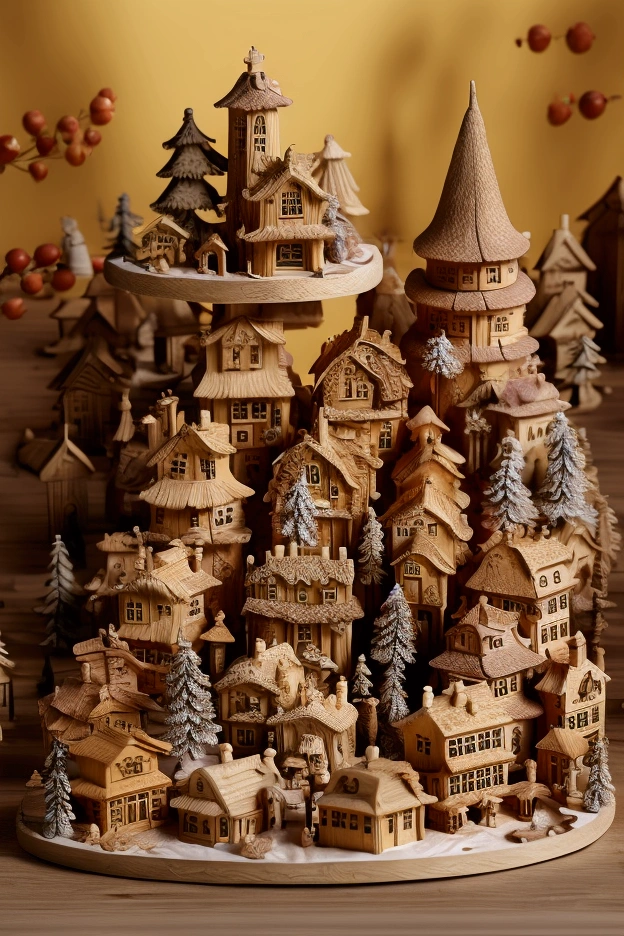 there are a lot of wooden houses on a christmastown, wooden decoration, wooden houses, wood ornaments, decoration, very realistic, wooden buildings, tree town, pilgrim village setting, seasonal, model trees, outstanding detail, stunningly detailed, full trees, with detailed wood, wood, a hyper realistic, tiny village, box, 1/30, a wooden running train