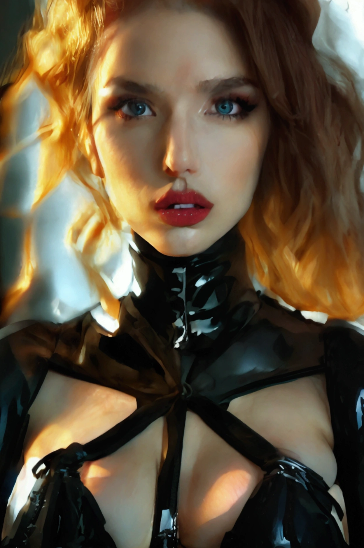 a  woman, beautiful detailed eyes, beautiful detailed lips, extremely detailed face, long eyelashes, slim body, very big and round breasts, wblack latex lingerie, black over-the-knee boots, looking seductively at the camera, chiaroscuro lighting, dramatic contrast, moody and sensual atmosphere, ultra-detailed, realistic, photorealistic, 4k, high quality, masterpiece