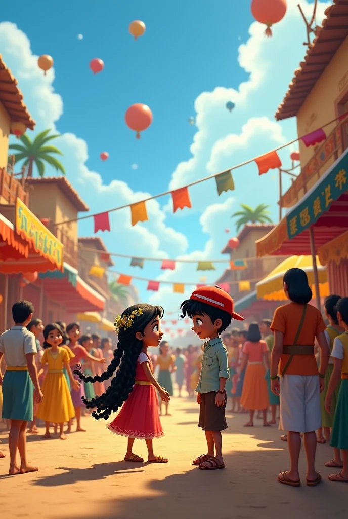 7. The Village Fair: A colorful and vibrant village fair scene with villagers, food stalls, and decorated animals. In the middle of the scene, Lali and Bholu spot each other.