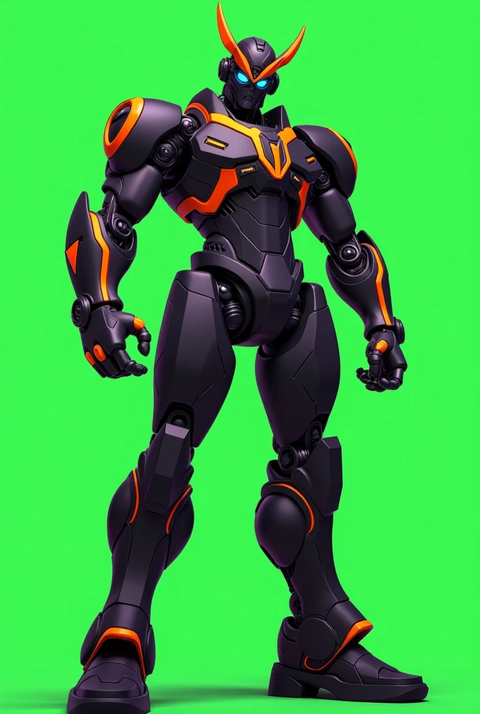 robot, male humanoid, dominan black, blue eye, short hair, orange accent in body, looking at camera, green screen background, anime style face, pose like a model, full body,