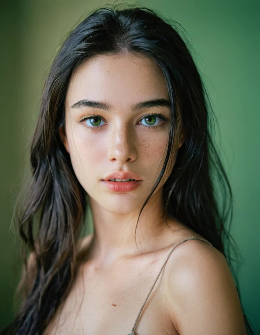 (Cinematic, emotional:1.3), Silhouette of a female against a turquoise backdrop, glowing particles around her, voluminous white hair highlighted, calm expression profiled, (small breasts, orange accents), freckled skin, the photograph captured in stunning 8k resolution and raw format to preserve the highest quality of details, (her eyes are portrayed with meticulous attention to detail: 1.3), The photograph is taken with a lens that emphasizes the depth in her eyes, the backdrop is a dark room setting that enhances the colours of the scene. The lighting and shadows are expertly crafted to bring out the richness of her skin tone and the intense atmosphere. Her hair adds contrast against her skin, the overall composition captures her essence with authenticity and grace, creating a portrait that celebrates her heritage and beauty. Photography utilizing the best techniques for shadow and lighting, to create a mesmerizing portrayal that transcends the visual,