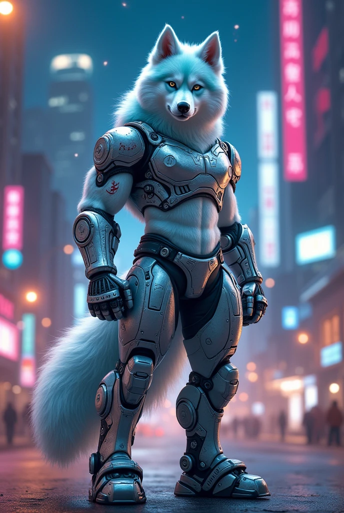 Furry, husky, augmentation, prosthetic, right leg, right arm, many scars, humanoid, anthropomorphic