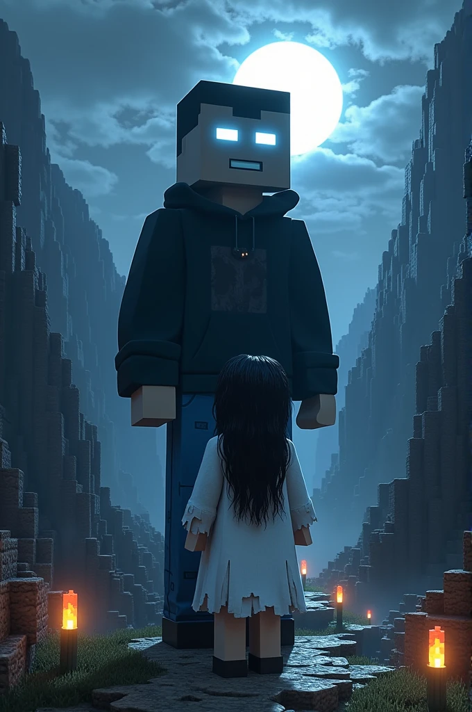 Create herobrine and Sadako in Minecraft style