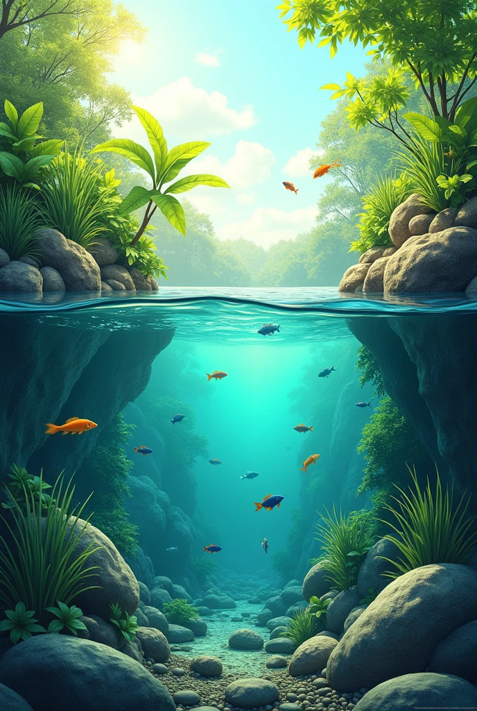 a detailed illustration of the carbon cycle in a freshwater ecosystem, extremely detailed, photorealistic, 4k, highly detailed labels in English, beautiful detailed water, lush green plants, fish, rocks, sunlight, natural lighting, vibrant colors, dynamic composition