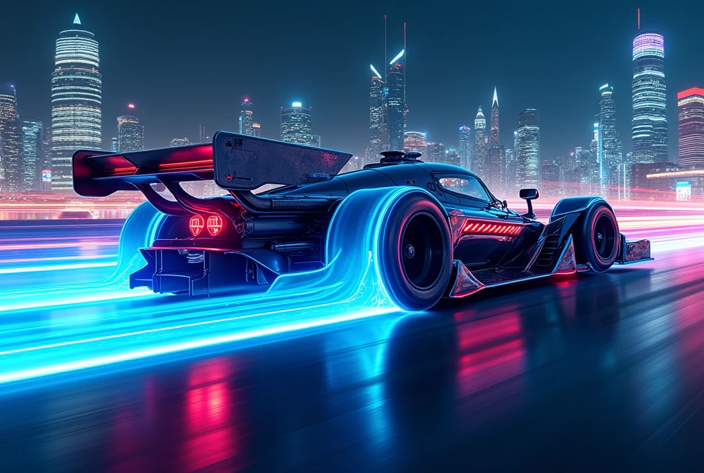 (((best quality))),(((ultra detailed))),(((masterpiece))),illustration, speed lines effect, An extraordinary and highly detailed artwork capturing a futuristic cyber-era race car. The car features a sleek and futuristic design with a metallic finish, showcasing intricate lines and adorned with vibrant neon lights. The tires emit a mesmerizing blue electric glow, adding to the dynamic energy of the scene. The race car appears to be speeding through a cityscape at night, with buildings and skyscrapers illuminated by dazzling lights. This high-definition masterpiece is reminiscent of the finest artworks by visionary artists like Syd Mead, Daniel Simon, and Scott Robertson. strafed image of a car driving on a highway with a blurred background, background art, 4K HD illustrative wallpaper, futuristic super car render, neon-noir background, PC screenshot, 4K wallpaper, 4k wallpaper, digitally painted, octane rendered, 3840 x 2160, 3840x2160