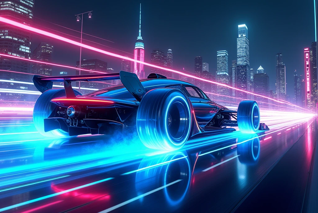 (((best quality))),(((ultra detailed))),(((masterpiece))),illustration, speed lines effect, An extraordinary and highly detailed artwork capturing a futuristic cyber-era race car. The car features a sleek and futuristic design with a metallic finish, showcasing intricate lines and adorned with vibrant neon lights. The tires emit a mesmerizing blue electric glow, adding to the dynamic energy of the scene. The race car appears to be speeding through a cityscape at night, with buildings and skyscrapers illuminated by dazzling lights. This high-definition masterpiece is reminiscent of the finest artworks by visionary artists like Syd Mead, Daniel Simon, and Scott Robertson. strafed image of a car driving on a highway with a blurred background, background art, 4K HD illustrative wallpaper, futuristic super car render, neon-noir background, PC screenshot, 4K wallpaper, 4k wallpaper, digitally painted, octane rendered, 3840 x 2160, 3840x2160