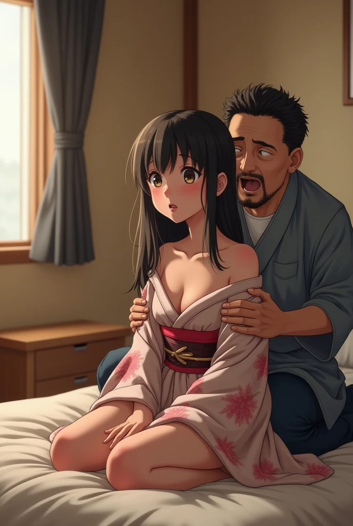 A photo of a woman on a futon in a narrow hotel room。A beautiful mid- girl with a thin body and big eyes wearing a braless off shoulder YUKATA is sitting facing forward and crying.、Leave yourself to your uncle。A fat man with an excited face hugs her from behind, puts his hands inside her yukata and enjoys rubbing her small breasts and nipples.