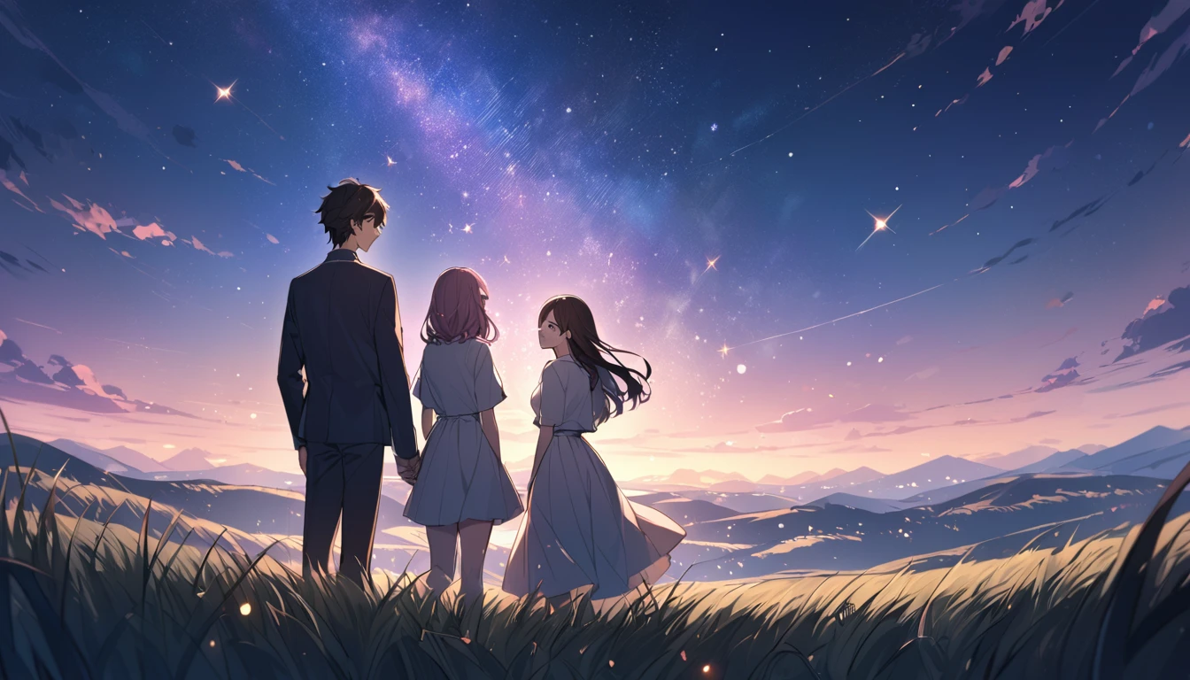 good looking, 2 high school students, Date,1 male, 1 female,Dark brown hair, Pink highlights on the tip, Pale pink eyes,A vast night sky with twinkling stars,A vast grassland,We stand together