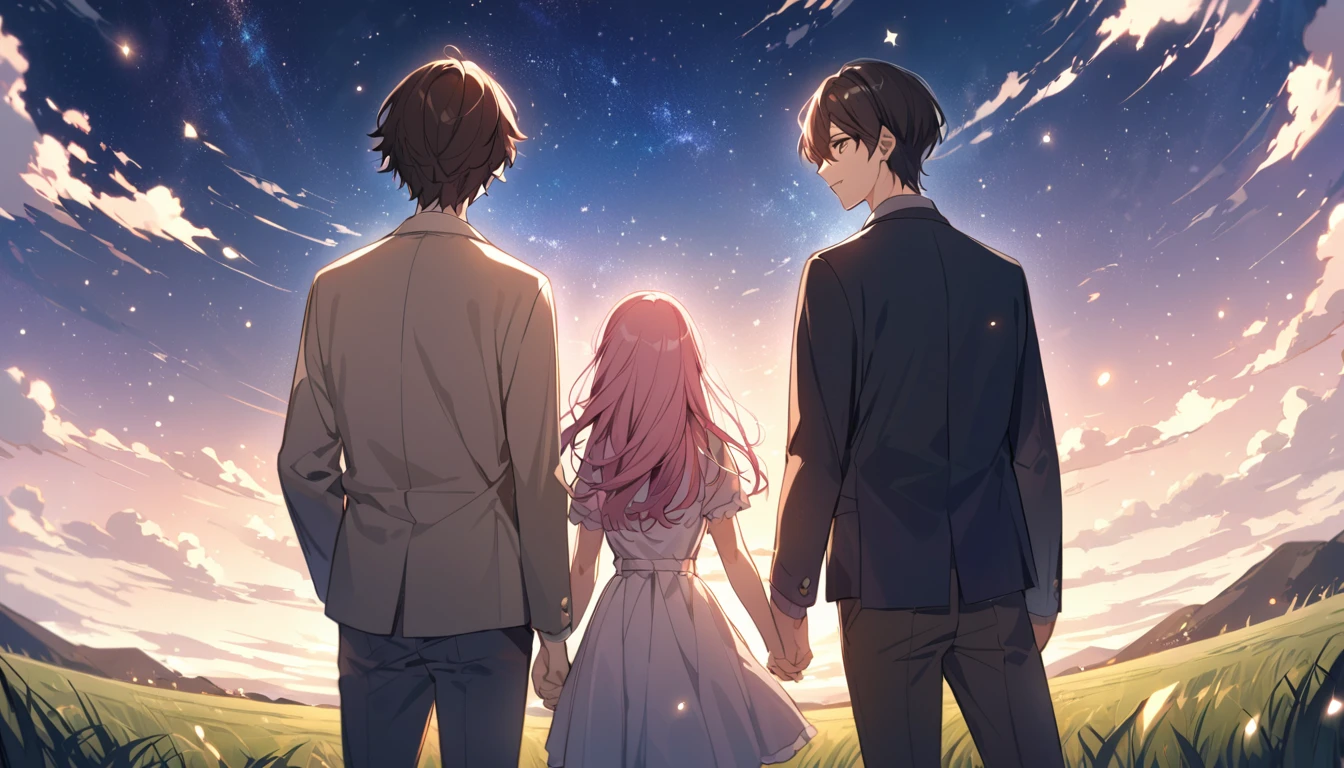 good looking, 2 high school students, Date,1 male, 1 female,Dark brown hair, Pink highlights on the tip, Pale pink eyes,A vast night sky with twinkling stars,A vast grassland,We stand together