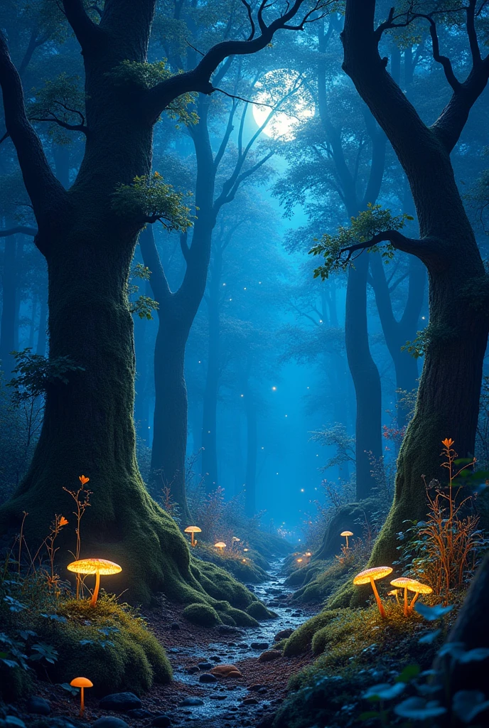 a beautiful forest in night time glowing