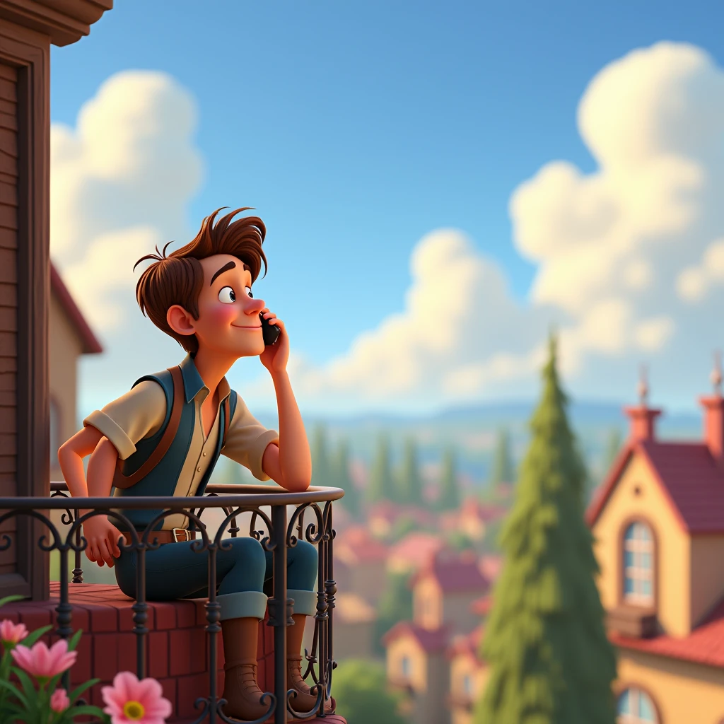 Create a cute, beautiful realstic 3d animated-style image featuring top of the balcony home sitting Flynn Rider also speaking his mobile should be on a home balcony, looking up at fluffy clouds in the sky. The background should show a calm, serene scene with a few trees or rooftops visible.