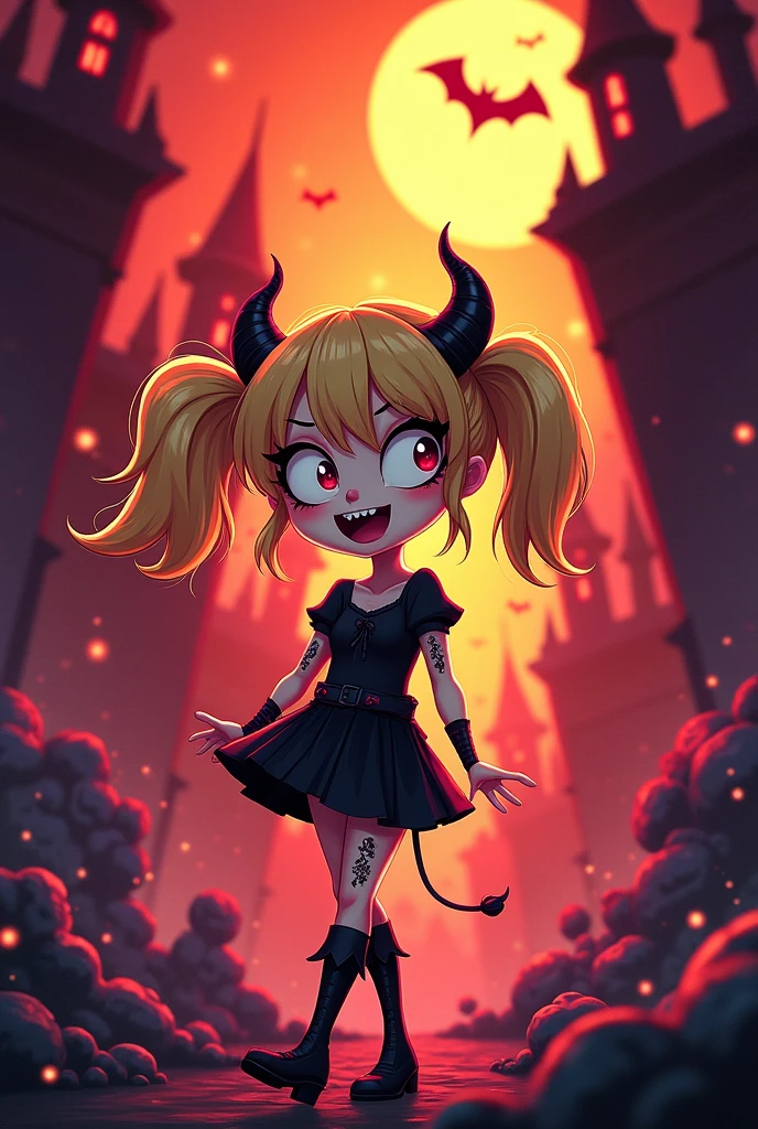 Hazbin Hotel style cartoon demon girl, , blonde, short twintails, cute, Hazbin Hotel, Charlie, ENTP, foreign animation, glaring eyes, sassy, hell, Disney, jagged teeth, goth